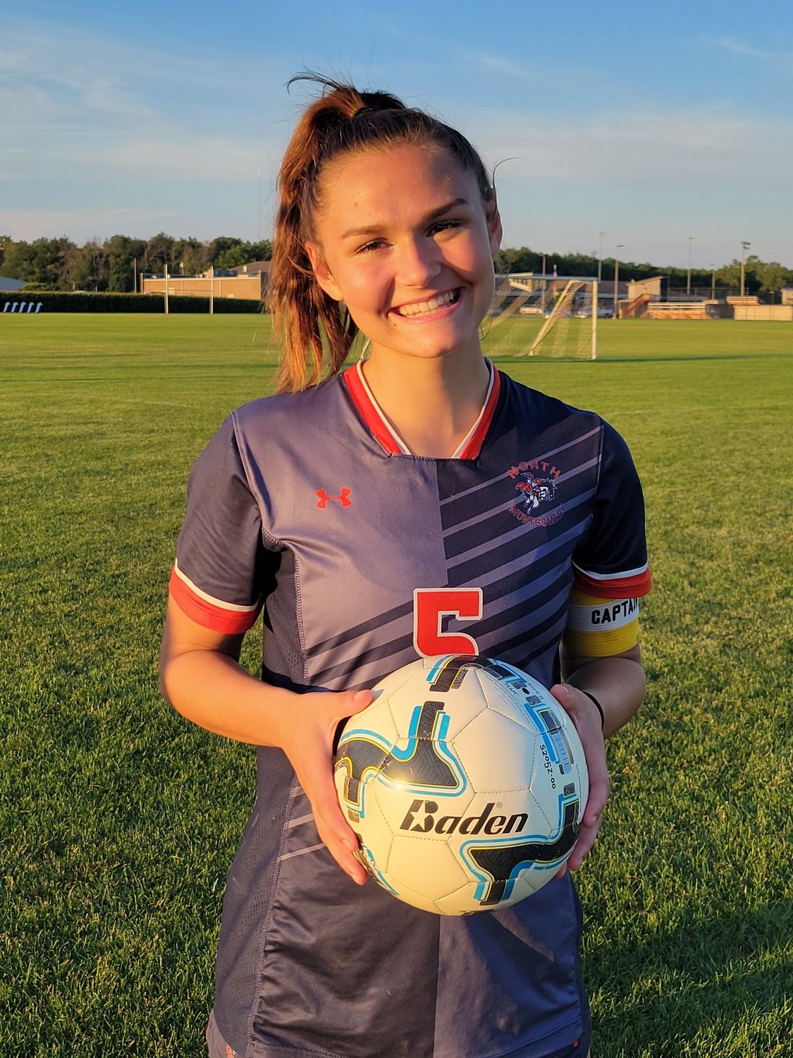 Teegan Bacon with the game ball after scoring her 69th career goal as she now holds the record for most career goals in North Montgomery girls soccer history.